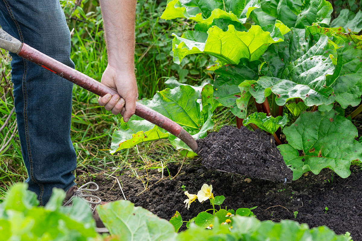 Compost being spread by a large metal shovel